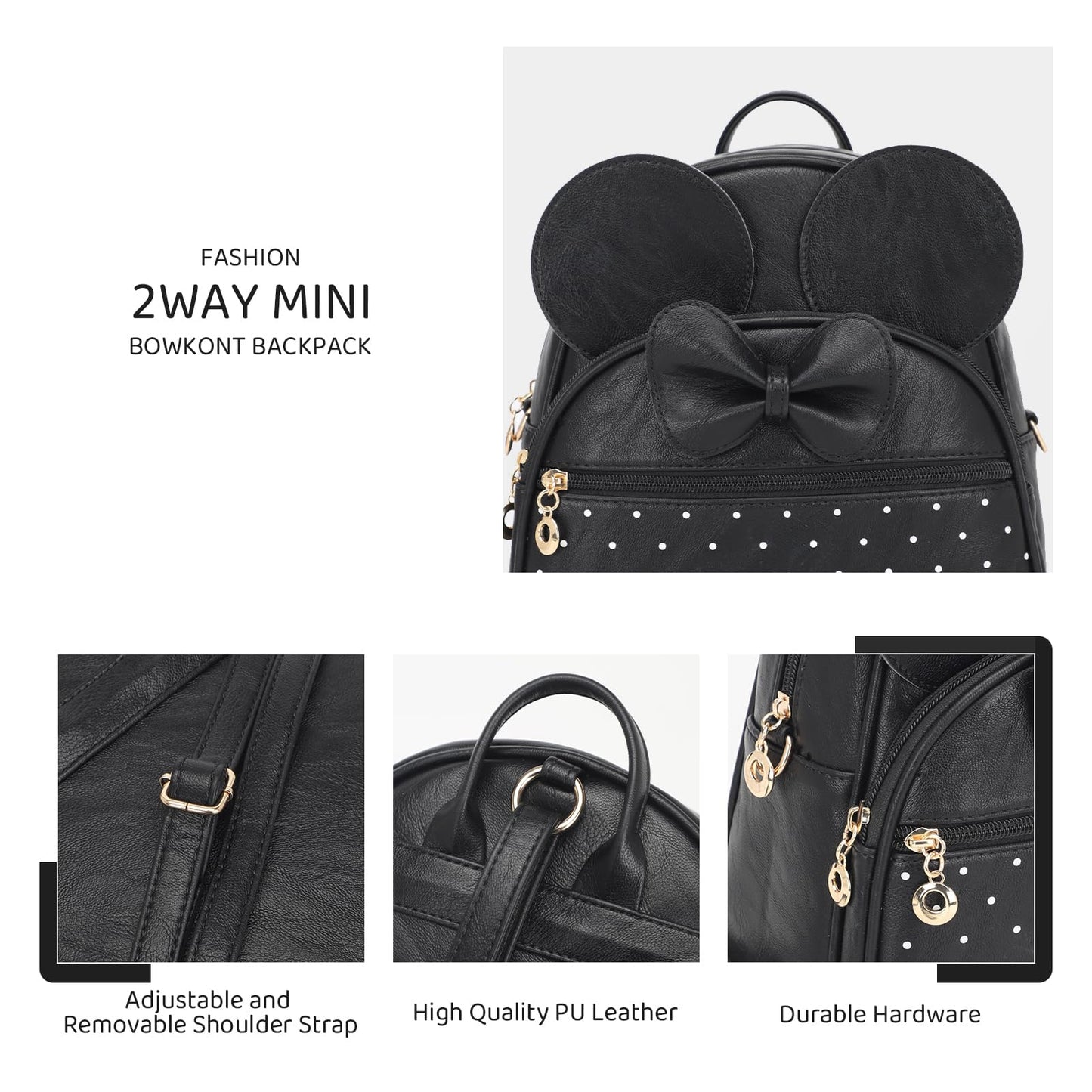 KL928 Girls Mini Backpack Bowknot Polka Dot Cute Daypacks Convertible Shoulder Bag Purse for Women (Black)