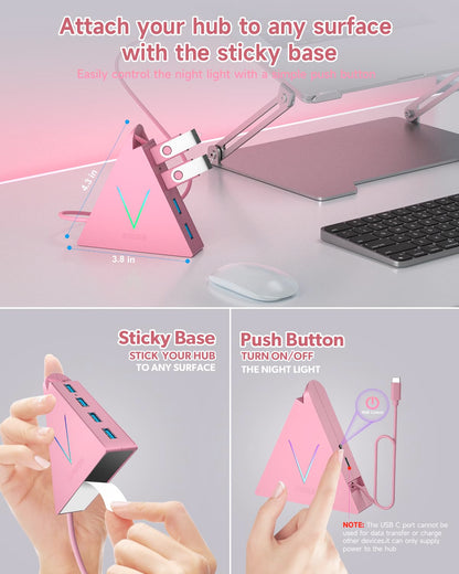 4-Port USB 3.0 Hub, FlyingVHUB Vertical Data USB Hub with 2 ft Extended Cable, for Mac, PC, Xbox One, PS4, PS5, iMac, Surface Pro, XPS, Laptop, Desktop, Flash Drive, Mobile HDD(Pink)
