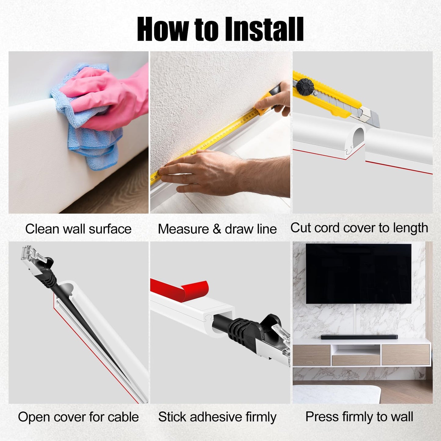 Self-Adhesive Cable Hider, Flexible Wire Cover Cable Raceway for Wires, Wall Mount TV, Home Audio, Network, Power, and Phone Line Managemen (Gray, 118inch)