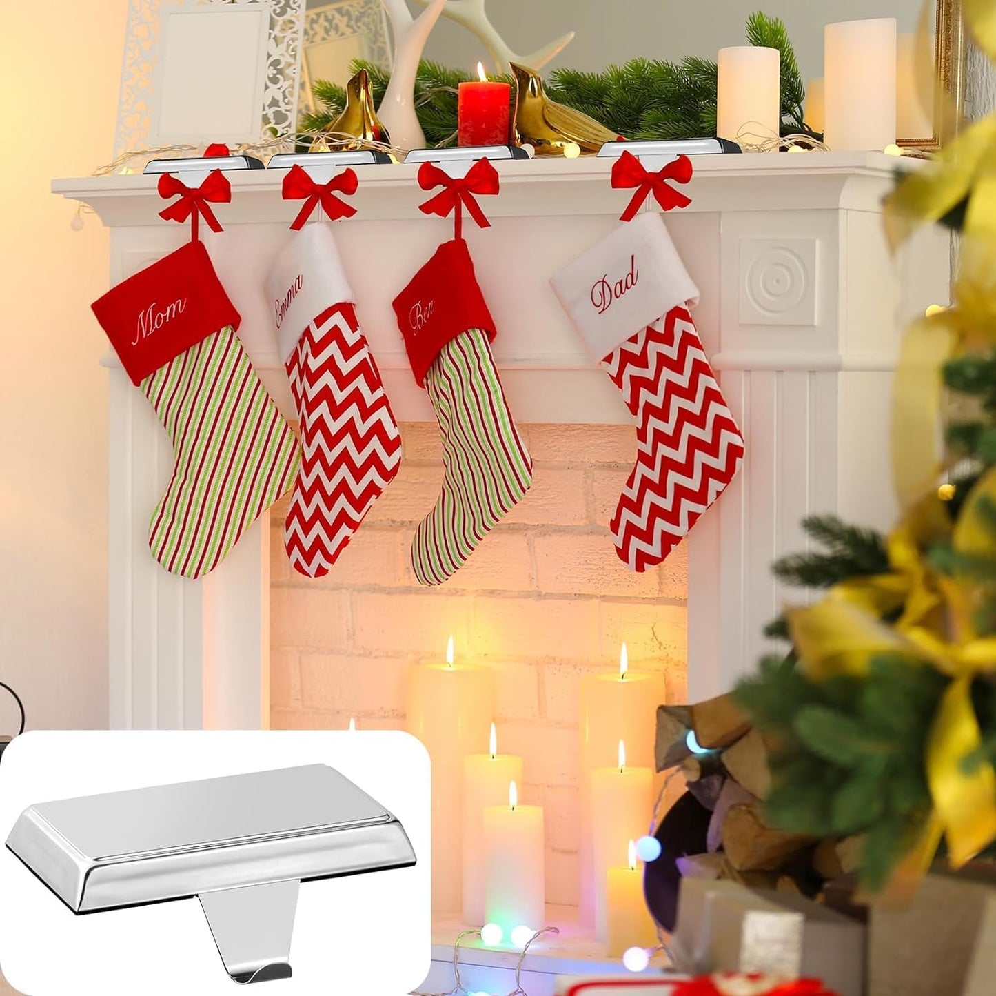Guojanfon Christmas Stocking Holders Mantel Stocking Hangers Metal Hanging Hooks Stocking Holders Bases for Fireplace Free Standing Christmas Xmas Party Decoration (2 Silver, 2)