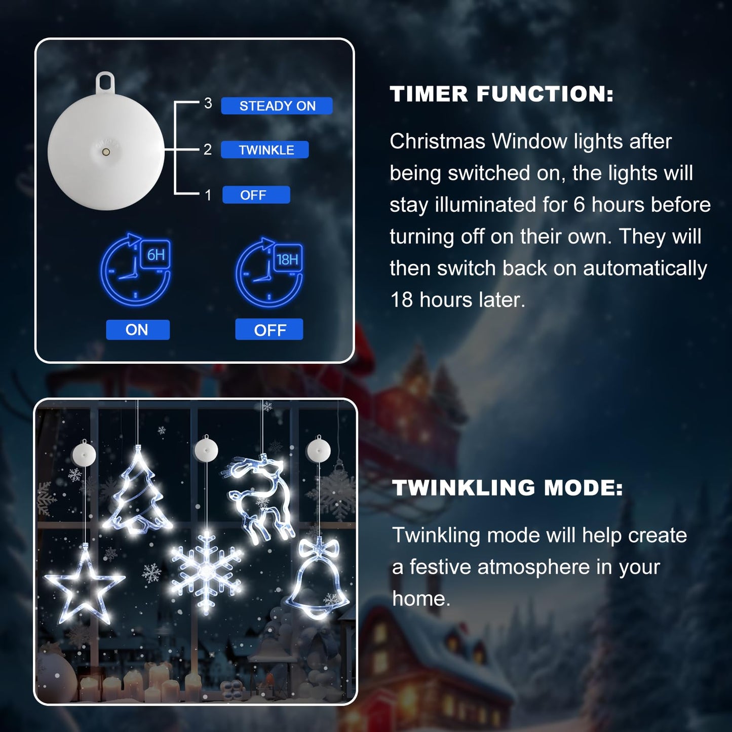 LYUBASA 5Pack Christmas Window Lights Decorations with Timer,Battery Powered Christmas Hanging White Lighted Snowflake Tree Star Deer Bells Shaped LED Sucker for Xmas Fireplace Window Indoor Decor