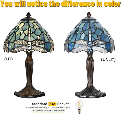 TL0008 Tiffany Lamp Sea Blue Stained Glass Dragonfly Style Desk Reading Light for Small Space Bedside Bedroom Home Office,8" D x 14.25" H, LED Bulb Included