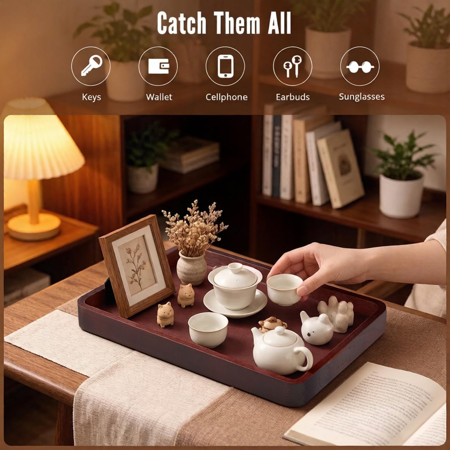 Wooden Valet Tray,Brown Wooden Catch All Tray with Leather Inlay Organizer ，Nightstand, Entryway Bedside Dump Holder, for Keys, Watches, Phones, Wallets Jewelry and More(H=1.2IN)
