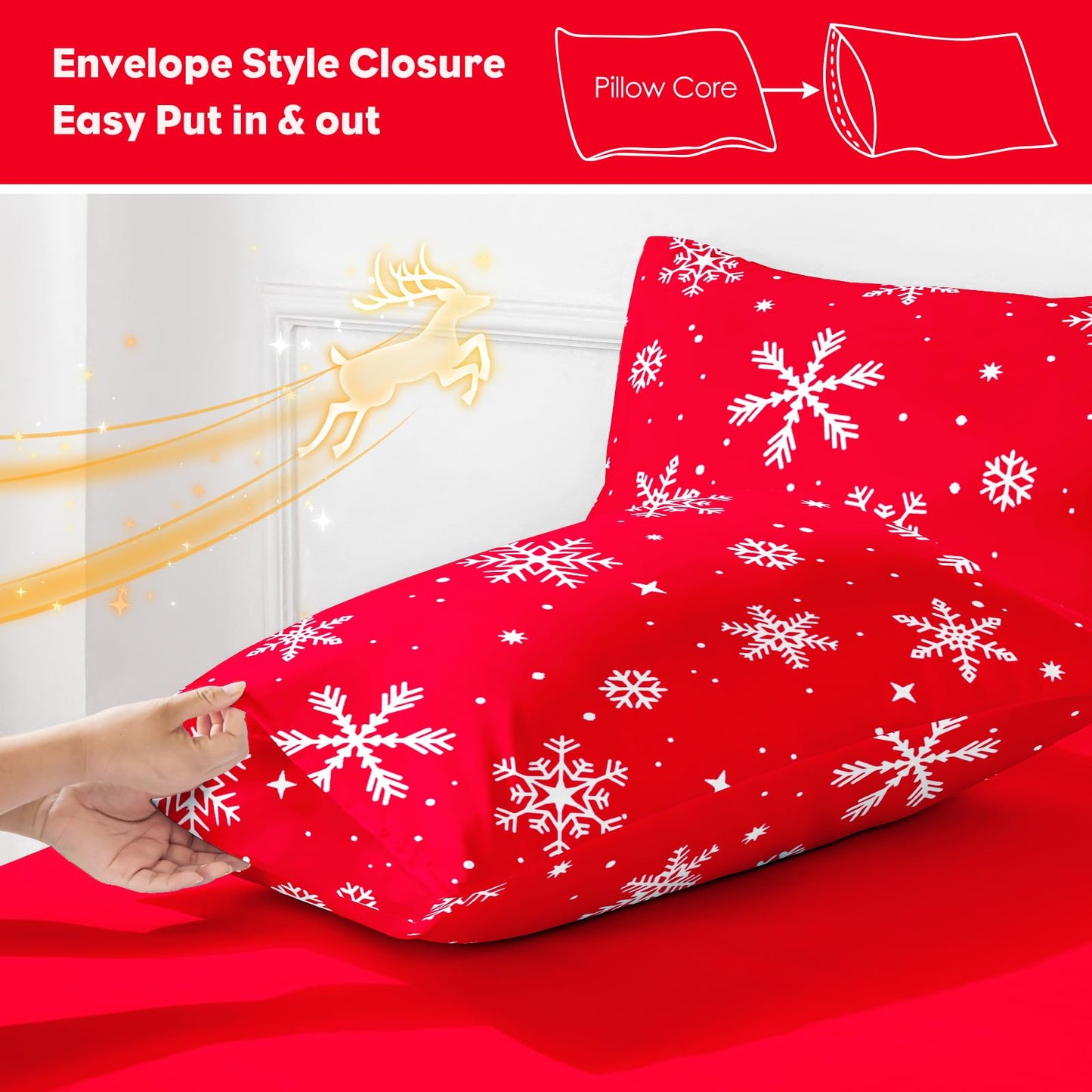 YIYEA Christmas Pillow Cases Queen Size Set of 4, Ultra Soft Double Brushed Microfiber Red Pillowcases and Christmas Snowflake Pillow Covers, Envelope Closure, Fade Resistant (20"x30")