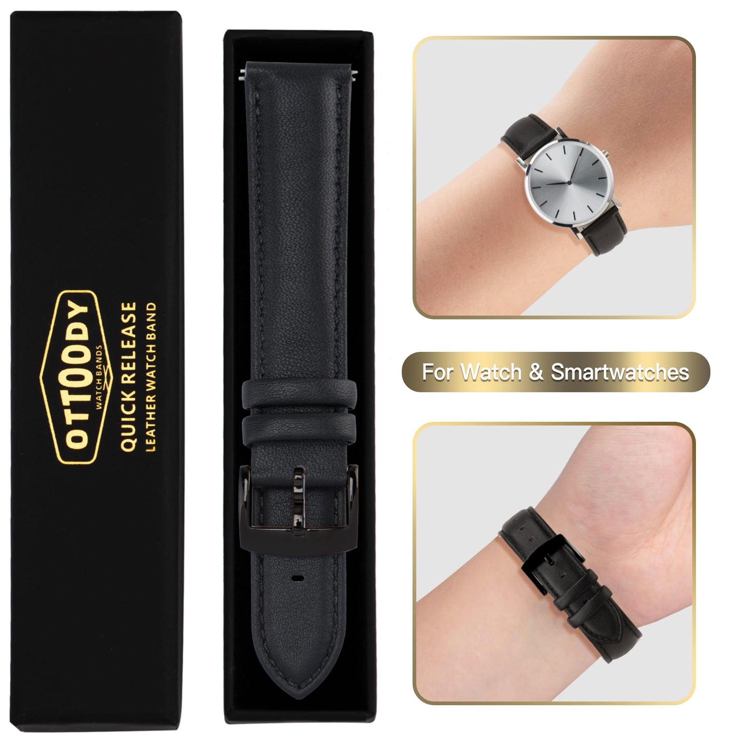 OTTOODY Leather Watch Bands Strap Quick Release, Elegant & Soft Top Grain Genuine Leather Watch band for Men Women, 22mm 21mm 20mm 18mm 16mm Replacement Straps for Watch & Smartwatch, Black Buckle