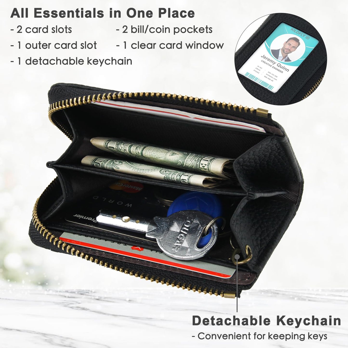 kilofly Genuine Leather Card Slot ID Holder Wallet + Keychain Cable Organizer