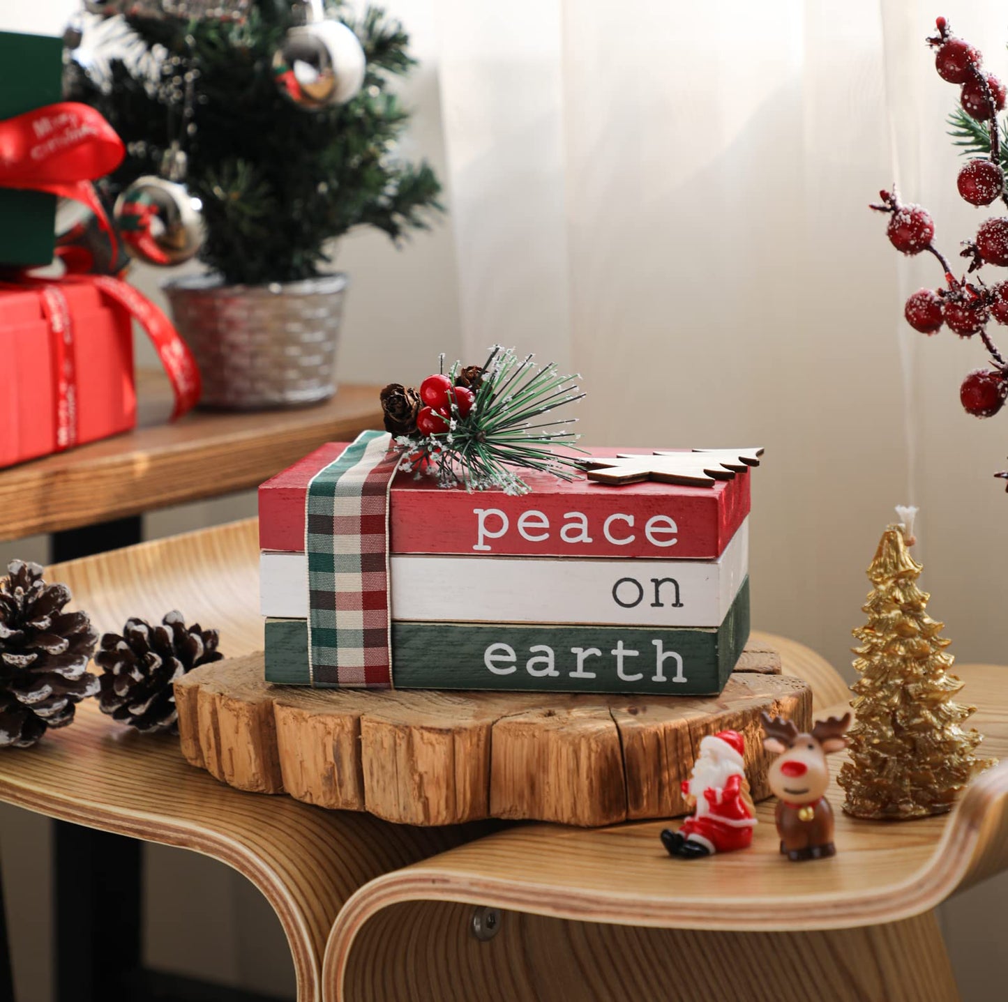 Christmas Wood Book Stack, Christmas Tiered Tray Decor, Peace on Earth Mini Faux Decorative Books with Pine Berry, Farmhouse Book Decor for Home Table Mantle Shelf