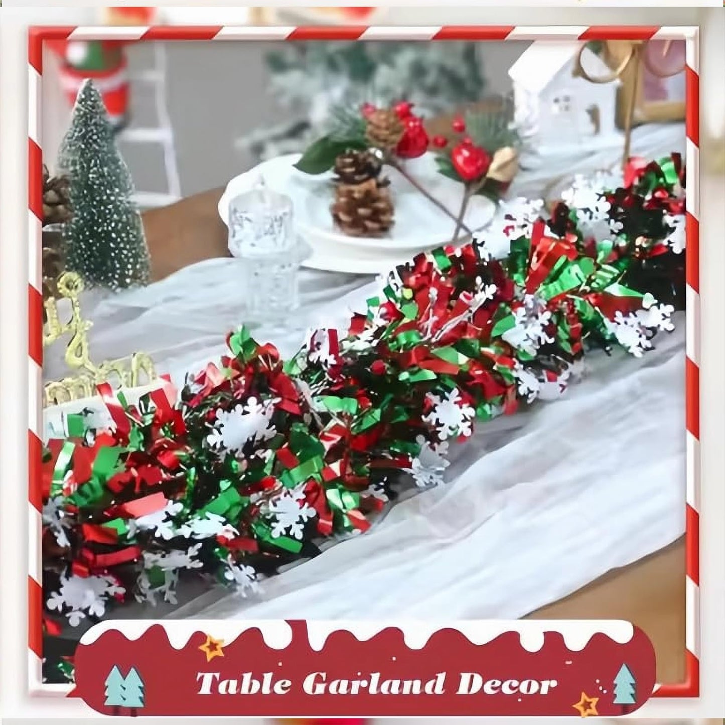 32.8Ft Christmas Snowflake Tinsel Garland, Red Silver Green with Snow Flake Chunky Glittery Holiday Hanging Tinsel Decorations for Christmas Tree (394, Inches, Christmas Snowflake Tinsel Garland)