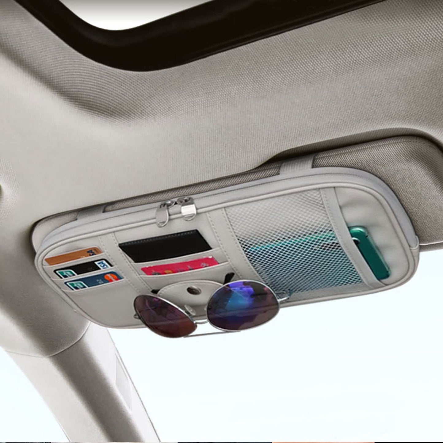 Qitdathn Car Sun Visor Organier Truck SUV Sun Visor Storage Pocket Pouch Holder, Multi-Pocket PU Leather with Zipper Net, for Cards Pens Sunglasses Document (Gray)