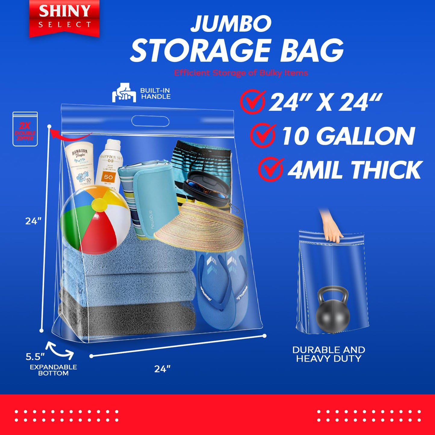 10 Gallon Jumbo Storage Bag With Handle & Resealable Zipper Top Huge Size 24" x 24",12 Clear Big Plastic Bags Extra Large XL, 4 Mil Thick Heavy Duty for Linen, Baby, Sports