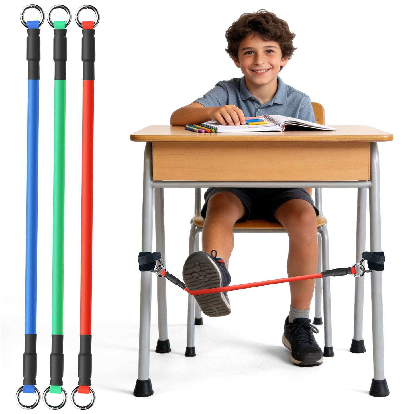 ELETIUO 3-Pack Sensory Chair Bands for Kids - Anti-Slip Fidget Tool for ADHD, Autism & Focus-Silent Stress Relief Bands Fits 20"-28" Desk Legs for Classroom & Home (Red/Blue/Green)