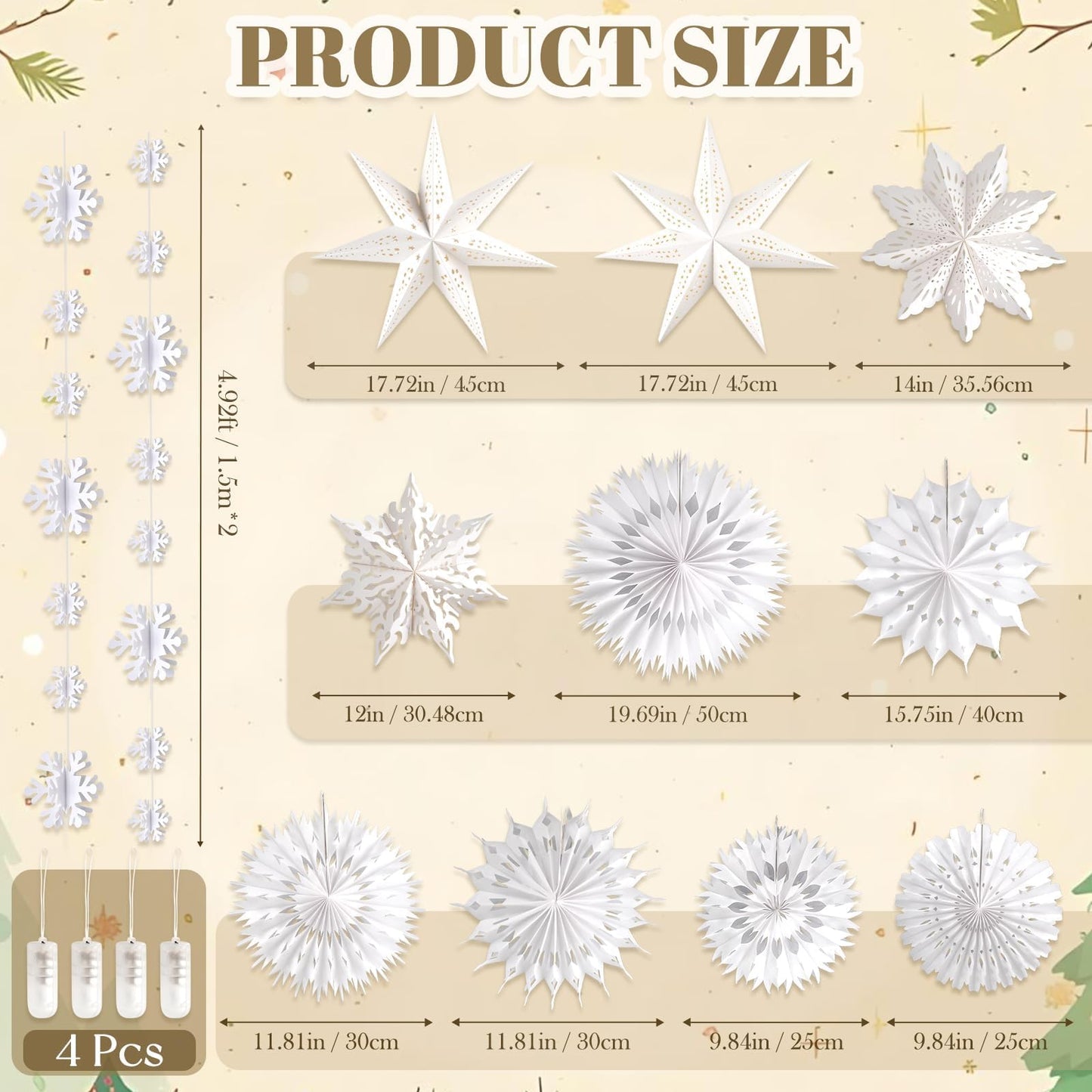 Winter Wonderland Snowflake Party Decorations, Christmas Hanging Decor, White Paper Star Snowflake Lanterns with Lights Paper Fans Garlands Set for Christmas Frozen Winter Birthday Wedding Party Decor