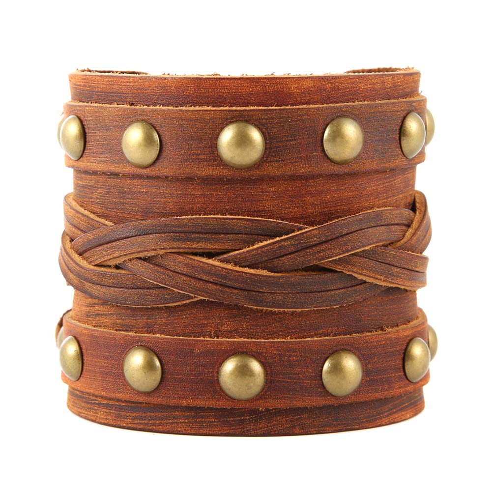 STWTR Men's Wide Cuff Wristband Punk Rock Motorbike Wide Belt Leather Bracelet (Brown-C)