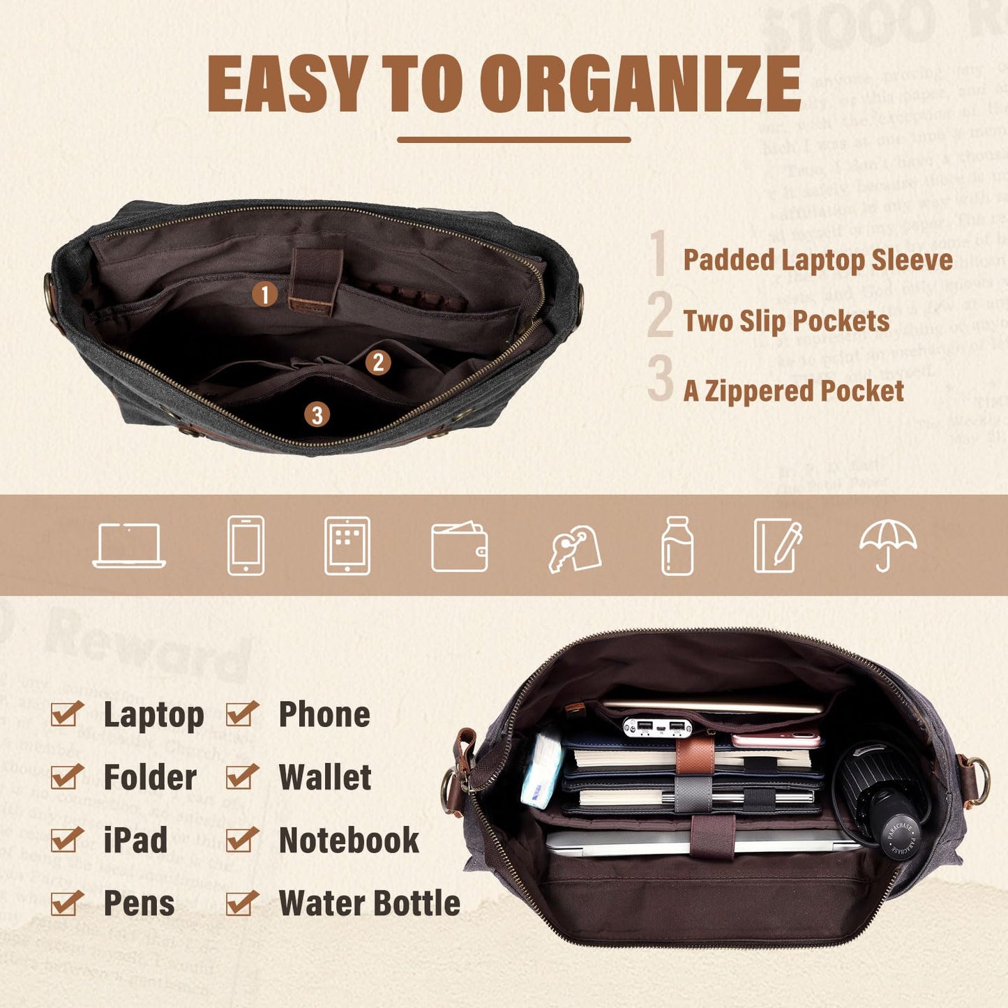 VASCHY Vintage Canvas Leather Messenger Bag School Shoulder Bag Business Briefcase Satchel Gray