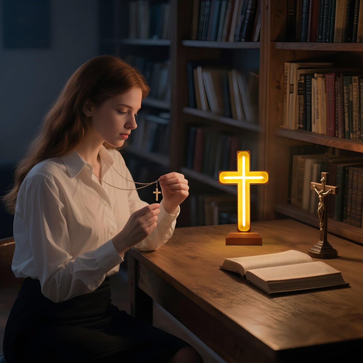 Handcrafted Wooden Cross Lamp for Spiritual Home Decor and Gifting, Cross Neon Sign with USB-Powered Warm Light for Bedside, Prayer Spaces, Christmas, Weddings, Baptism, Memorials