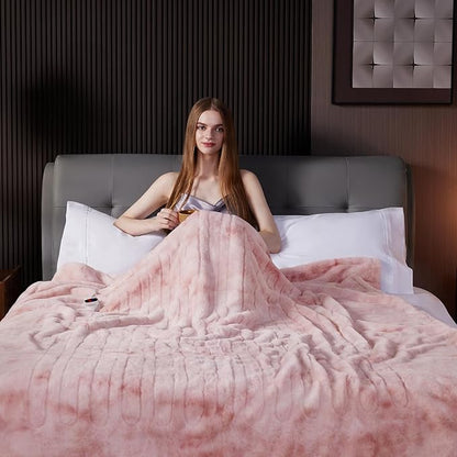 Guohaoi Heated Blanket Electric Throw, Soft Faux Rabbit Fur Electric Blanket with 10 Heating Levels 5 Sitting Timer Auto Off, Cozy Warm Heating Blankets, Machine Washable(62"×84" Pink)