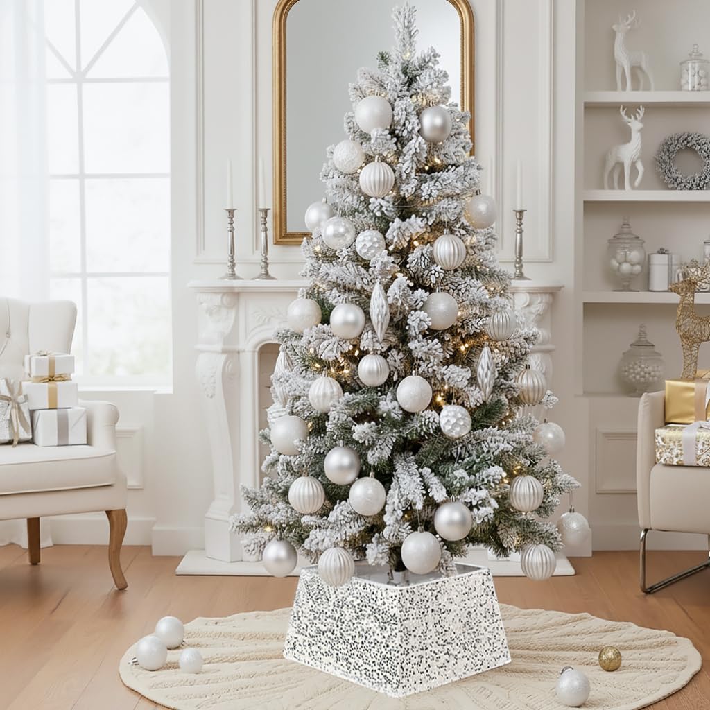 XmasExp Christmas Tree Collar, 24 inch Sequin Tree Skirt Stand Base Cover for Home Decor, Medium Size 4 Piece, White