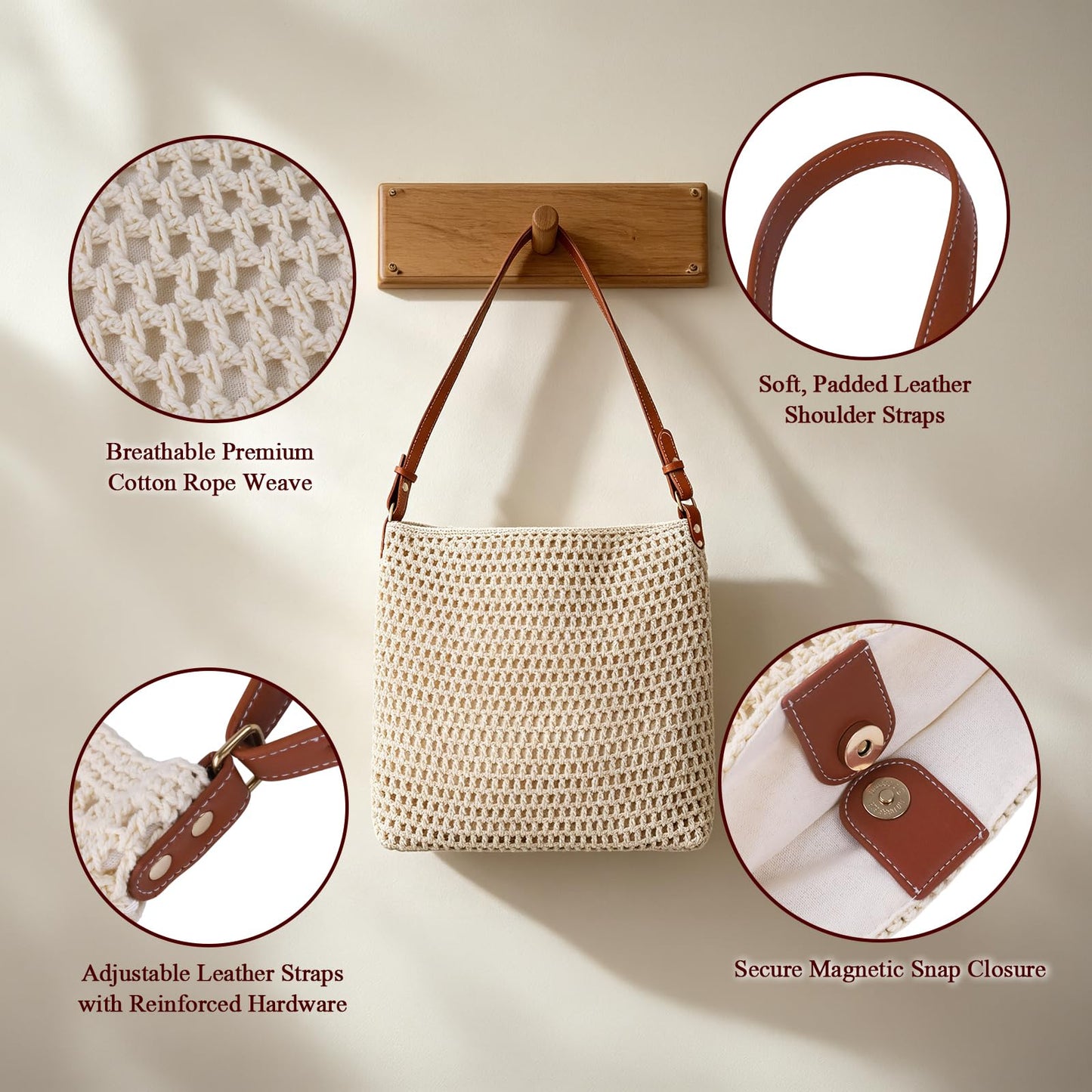 OKoriensuntek Crochet Bag Woven Tote for Women, Cotton Rope Straw Beach Bag with Adjustable Leather Shoulder Strap, Magnetic Snap Summer Bag for Everyday & Travel