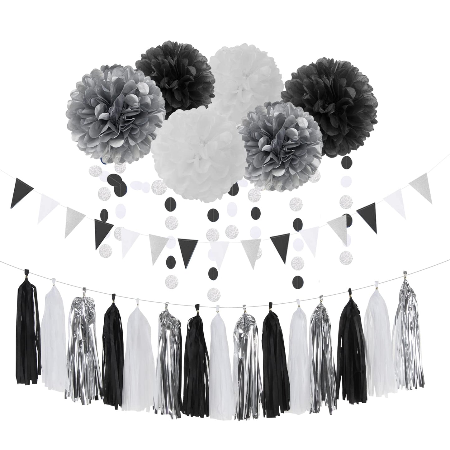 Black White Silver Party-Decorations Streamers - 23pcs Tissue Pom Poms, Graduation Men Boys Birthday Tassel Garland Banner,Wedding Baby Bridal Shower New Years Decor Lasting Surprise