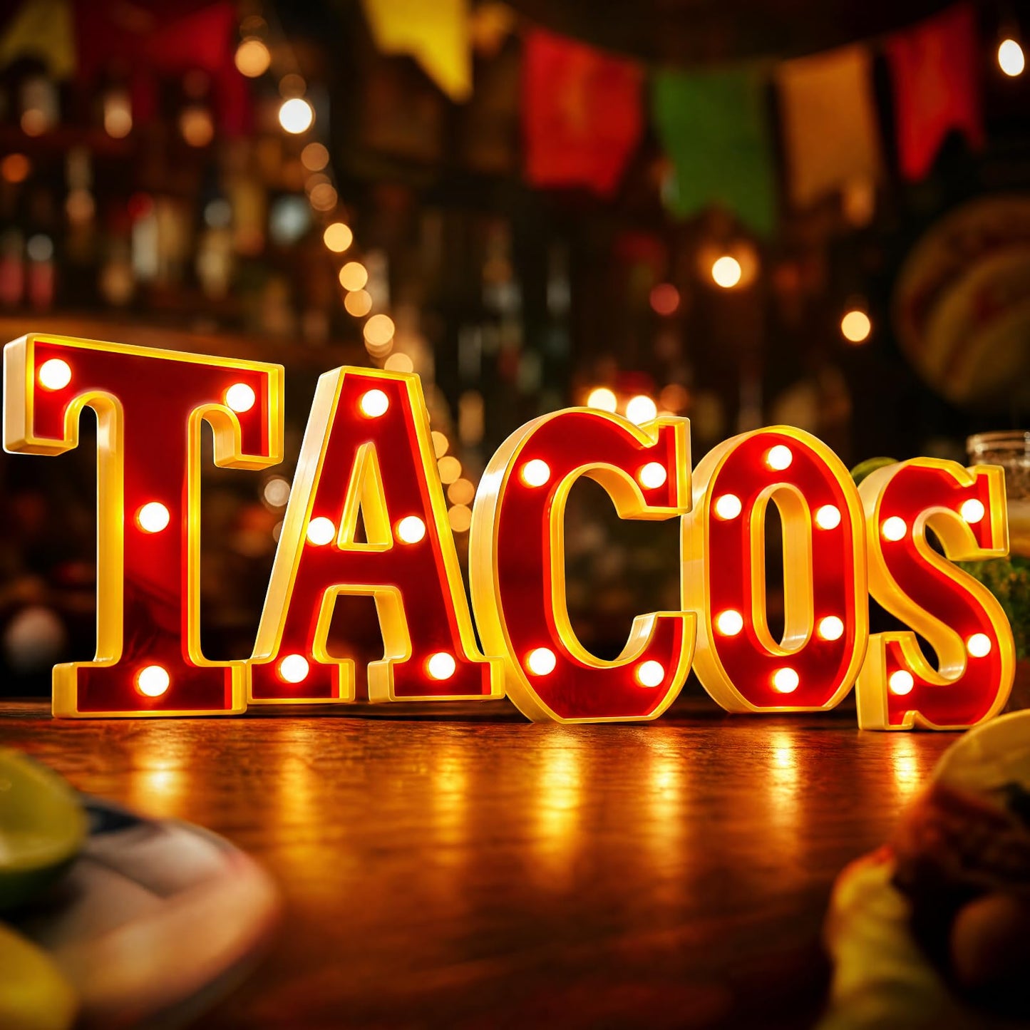 Aurelema Tacos Decorations 6.3" Light up Letters Mexican Cinco De Mayo Party Decorations Taco Bar Battery Powered Marquee LED Letter Sign for Mexican Tacos Theme Wedding Birthday Fiesta Party Supplies