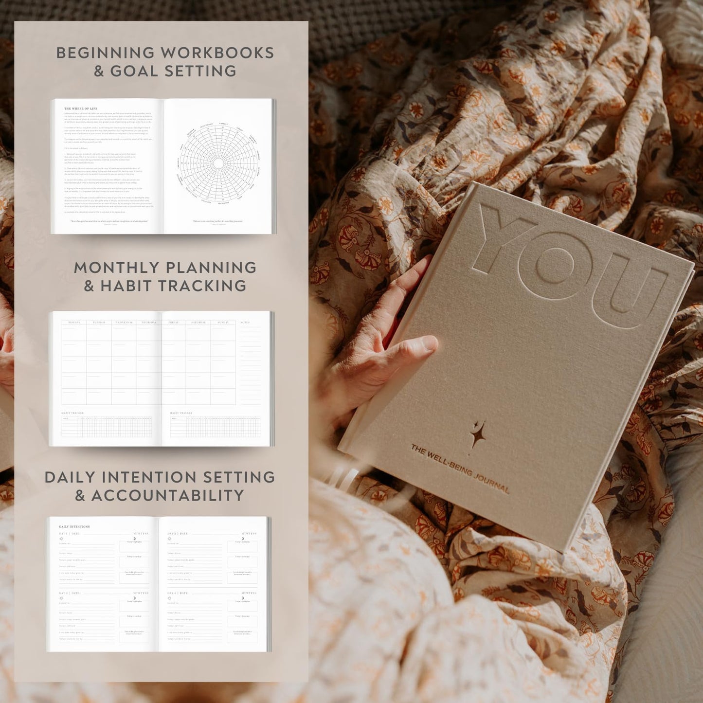 YOU – The Well-being Journal by Olive + Page – 6-Month Guided Self Care Journal with Gratitude Prompts, Daily Planner, Habit Tracker, and Reflection – Undated Wellness Journal – Linen Gold Foil Cover (Sand)