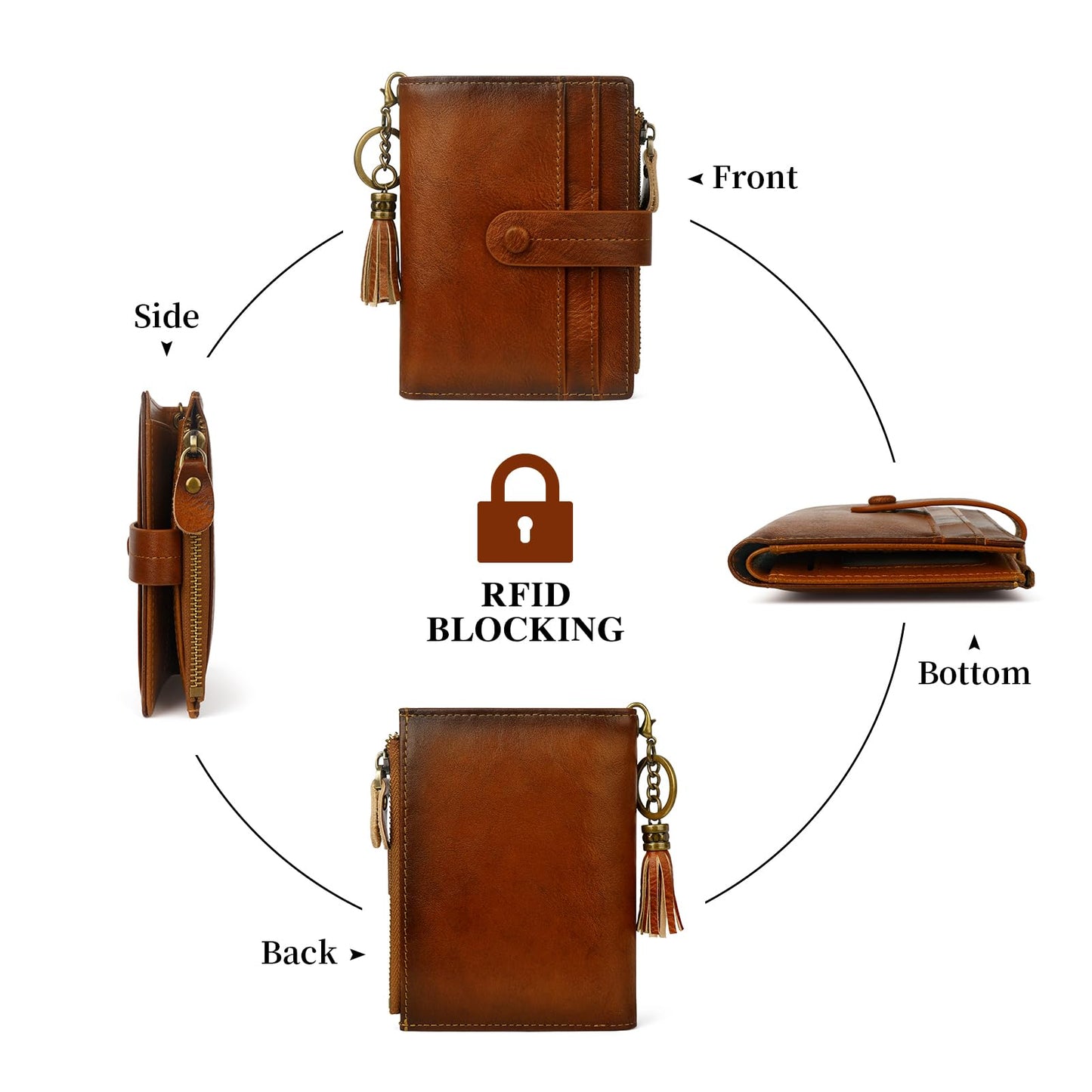 Blucoay Leather Wallet Women,RFID Blocking Small Wallets for Women Compact Bifold Slim Wallet Card Holder With Zipper Coin Pocket Brown