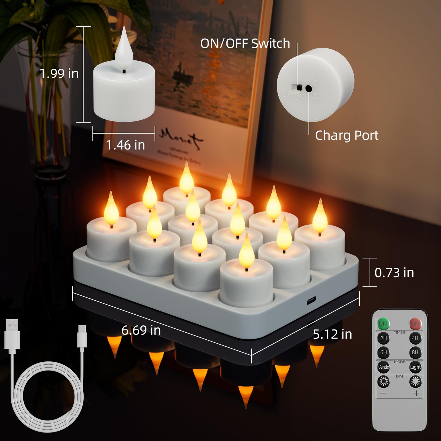 Rechargeable Flameless Tea Lights Candles: 12Pcs Battery Operated Tea light Candles with Remote Timer & Charging Base LED Flickering Votive Tealight Candles for Christmas Halloween Wedding Decor