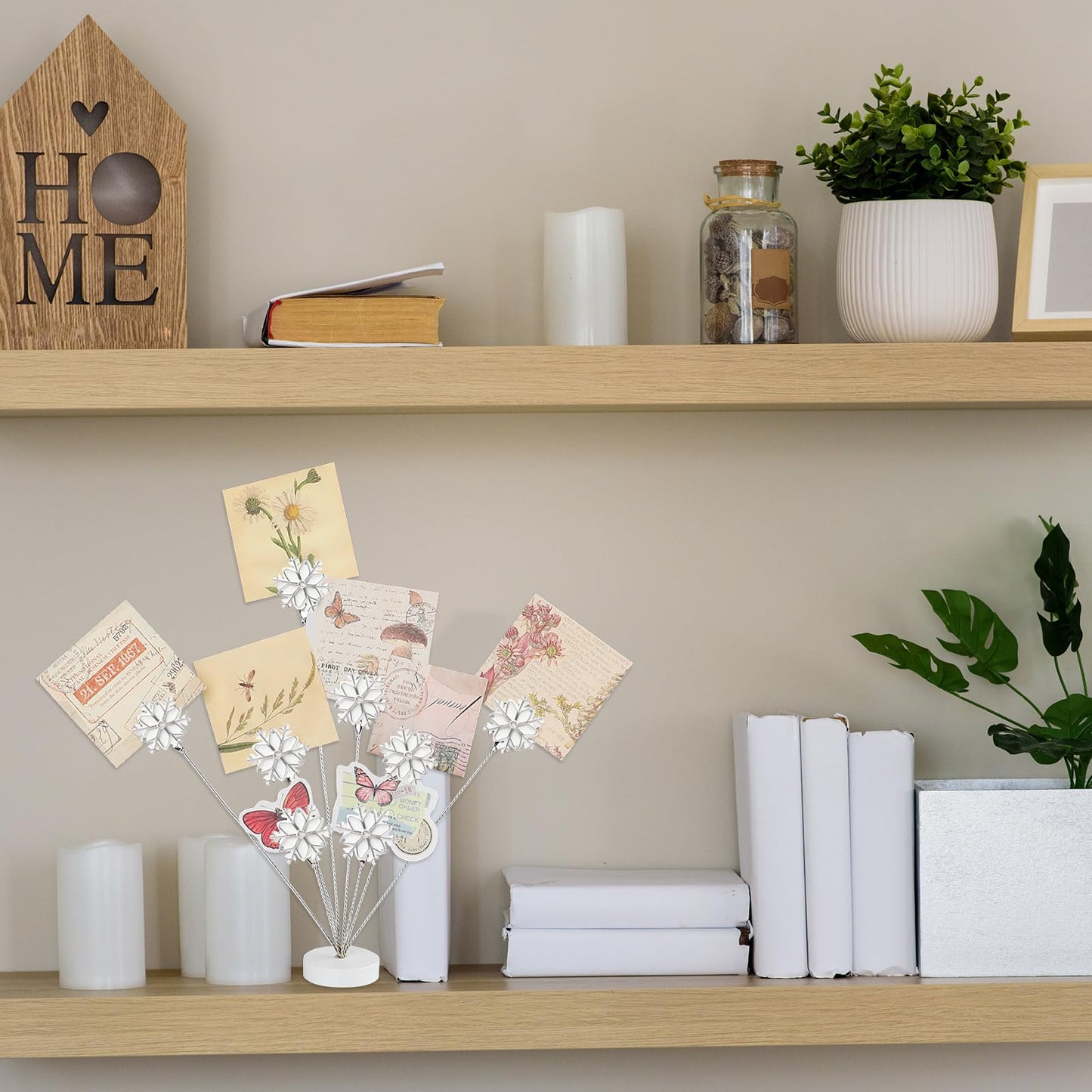 8-Branch Photo Tree Holder with Clips,Family Money Tree Picture Frame Stand,White Snowflake Gift Card Holder for Christmas,Cards, Notes, Memos,Wedding Photos, Office Desk and Home Decor