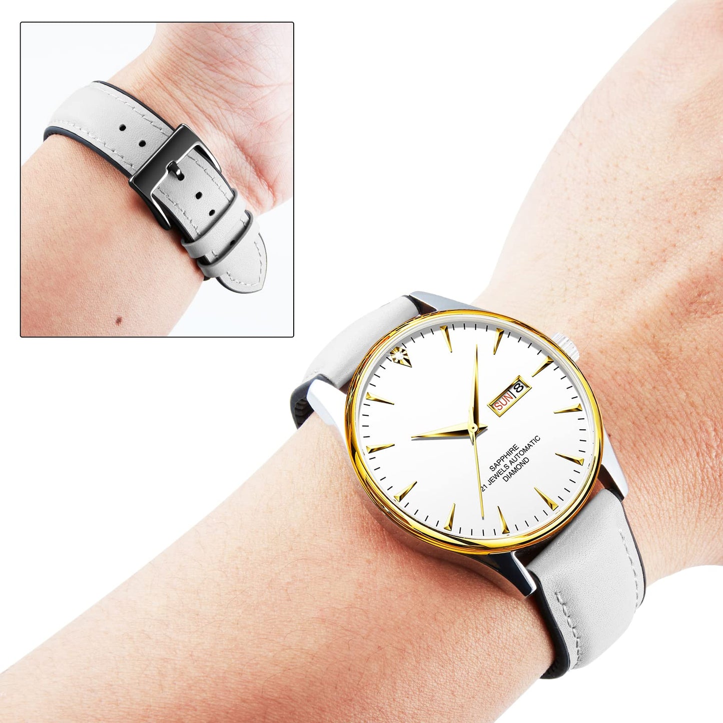 BINLUN Leather Watch Bands Quick Release 14mm-22mm Breathable Micro-Perforated Leather & Rubber Hybrid Watch Straps Silicone-Lined SmartWatch Replacement Bands Men Women (White,Black Buckle,22mm)
