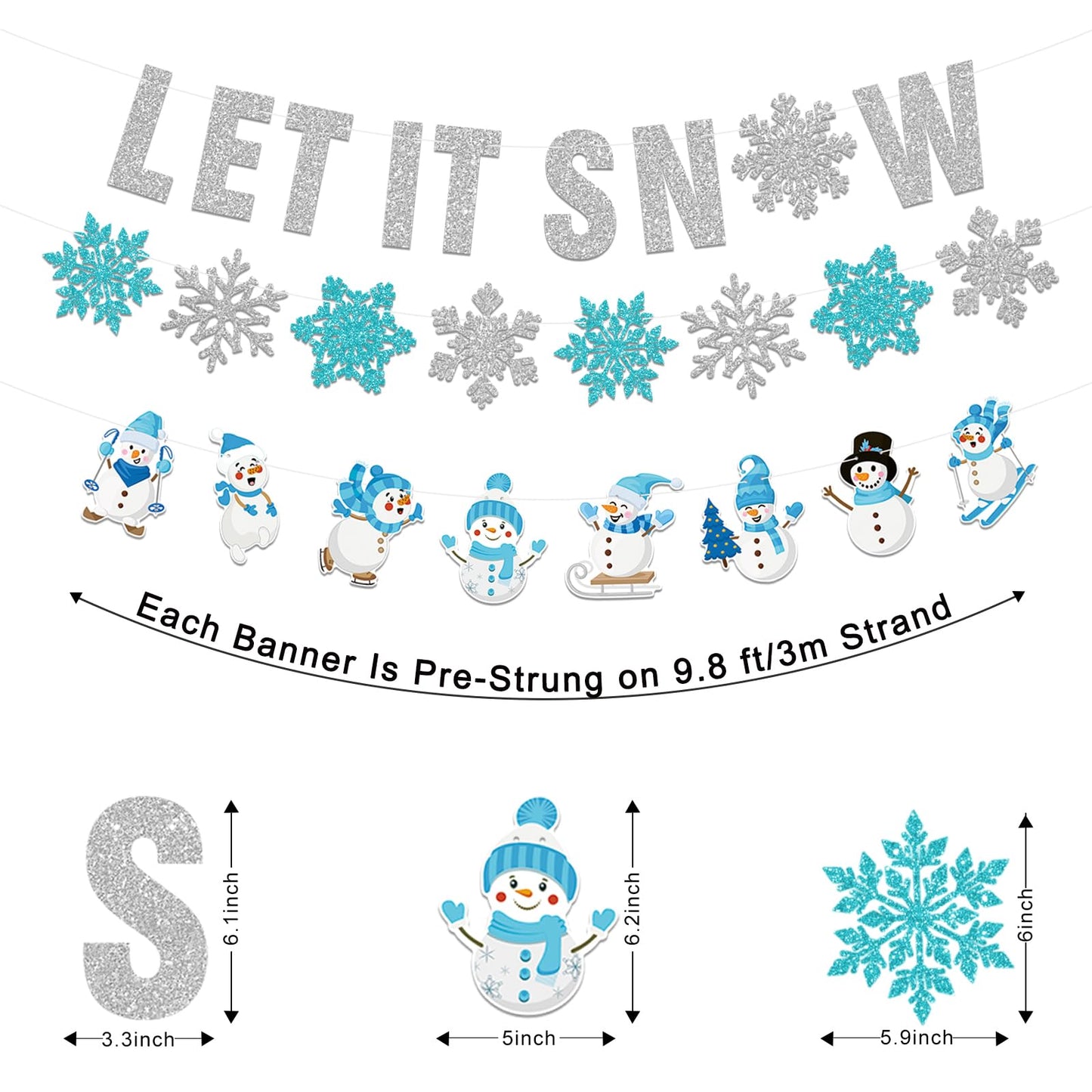 Winter Wonderland Decorations,3Pcs Pre-Strung Glitter Let It Snow Banner Sign,Snowflake Banner,Snowman Garland for Christmas Holiday Party Decorations,Winter Decorations for Home,Wall Indoor Mantle