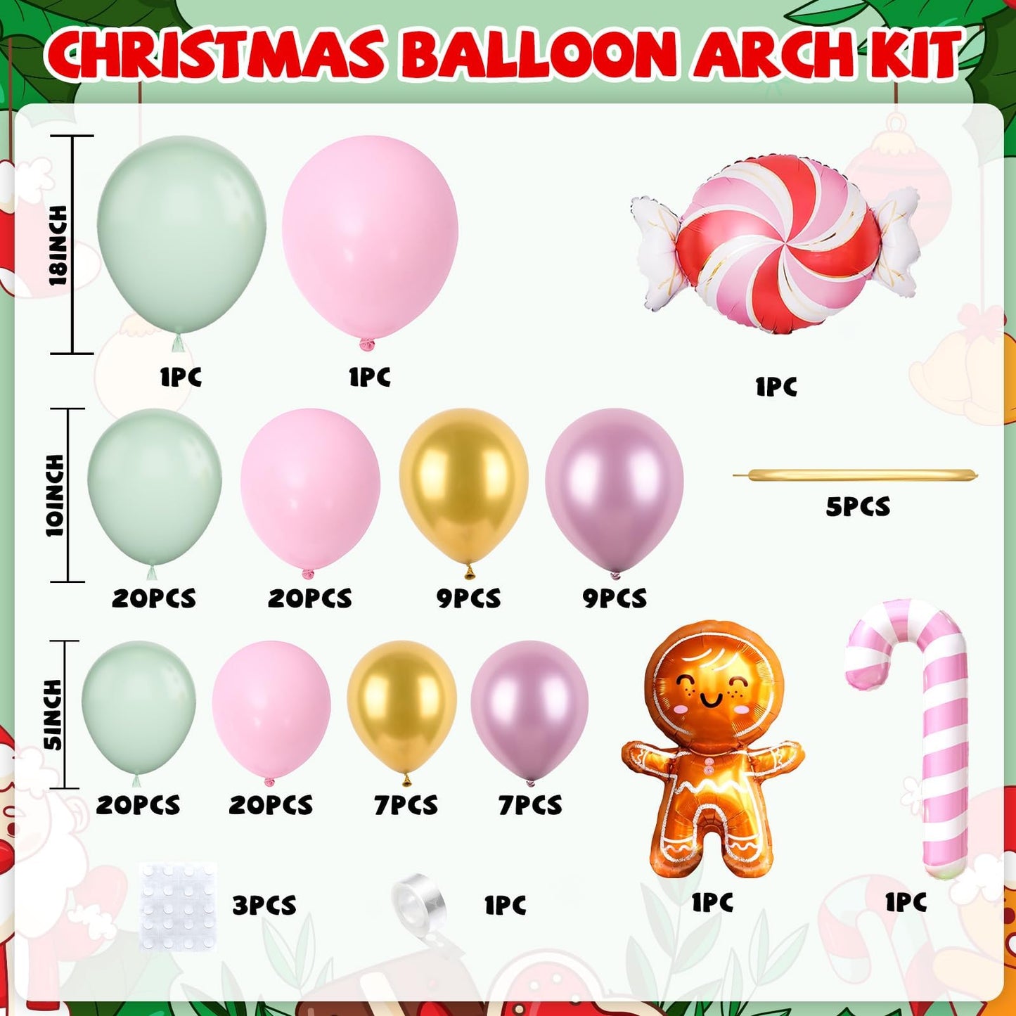 Christmas Balloons Arch Kit, 125 PCS Maca Pink Green Christmas Balloons, Gingerbread Balloon Garland with Candy Cane & Gingerbread Foil Balloon Decorations for Party