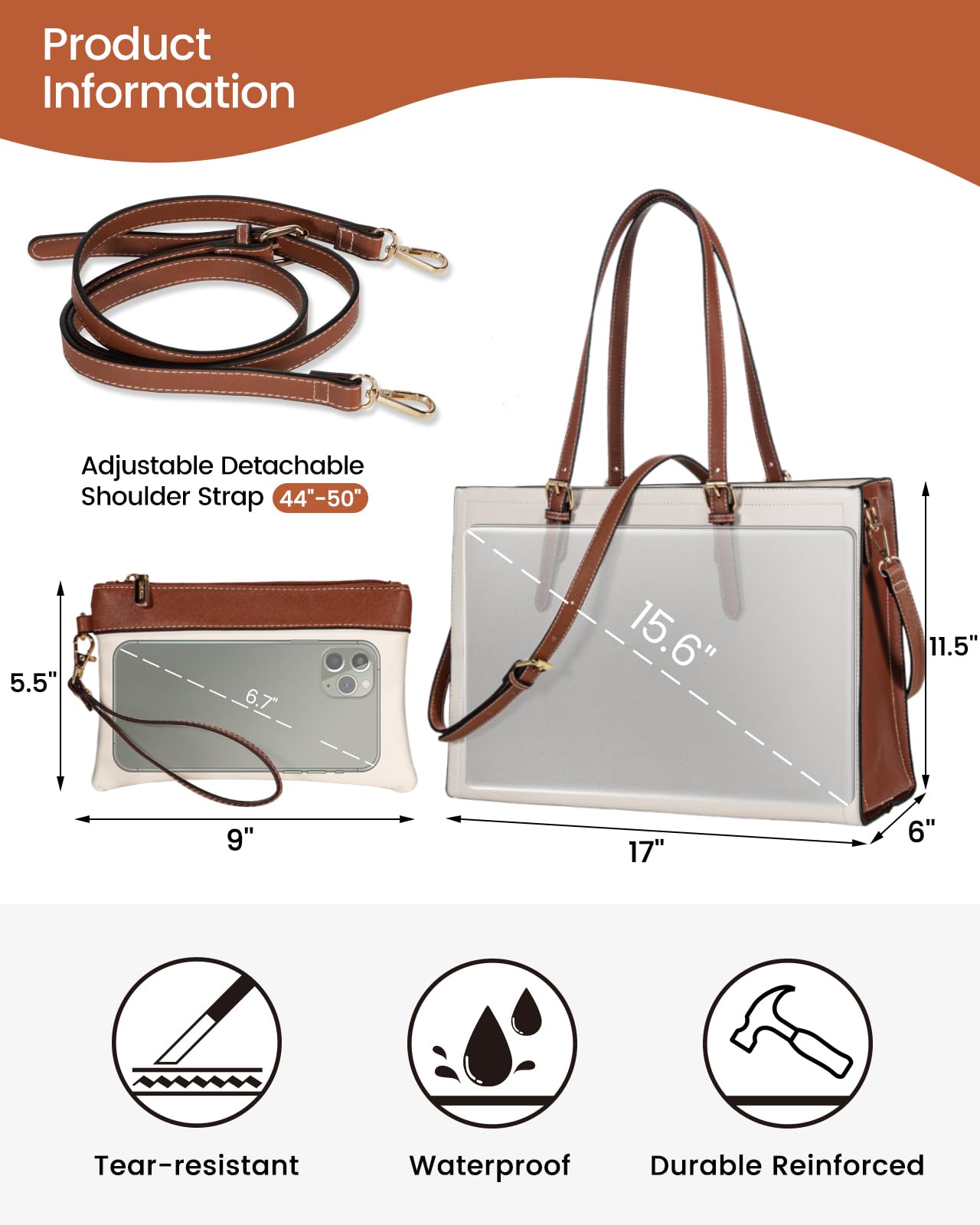 LOVEVOOK 15.6 Inch Laptop Bag for women, Large Waterproof PU Leather Work Briefcase with USB Charging Port Casual Computer Bag Messenger, Fashion Business Office Tote Handbag Purse, White-Brown