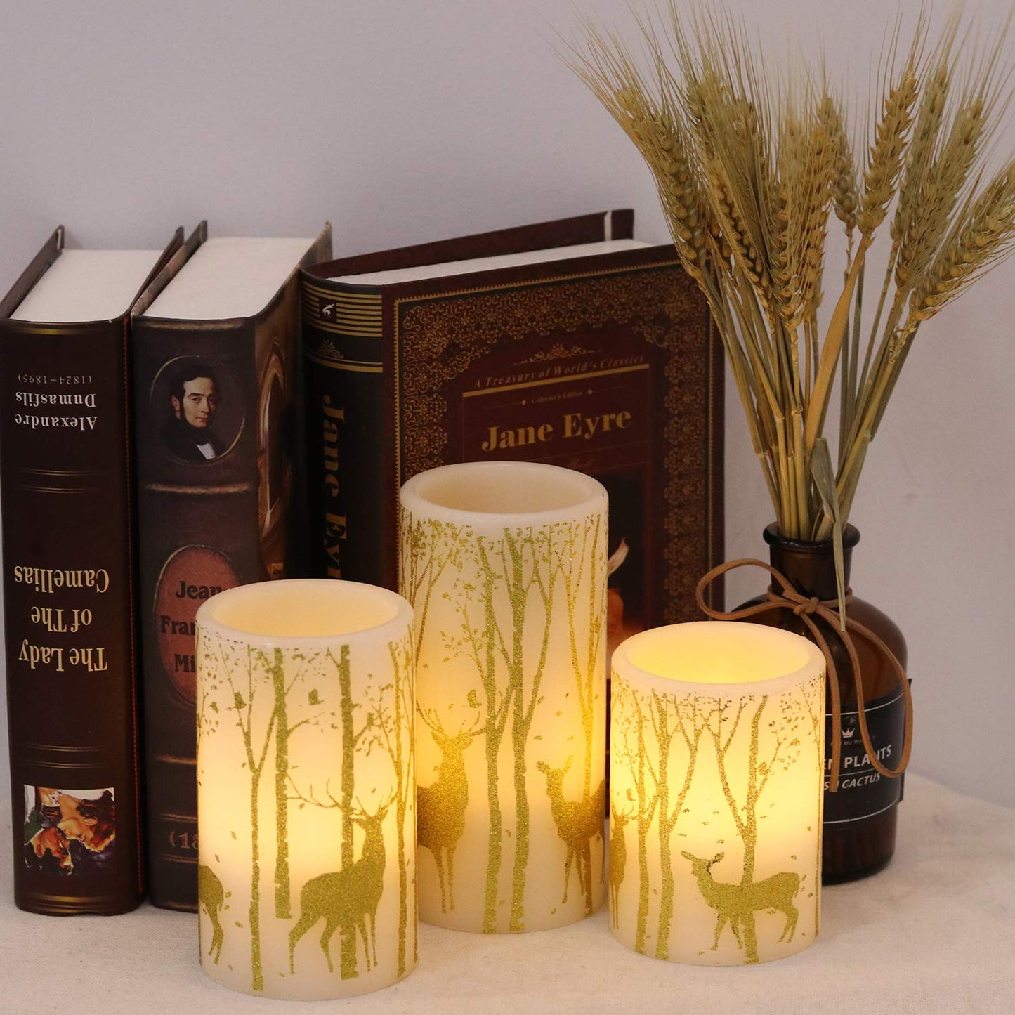 Wondise Flameless Flickering Candles with Timer, Battery Operated Real Wax Gold Deer Decal LED Pillar Candles for Christmas Holiday Home Decoration, Set of 3(3 x 4,5,6 Inch)
