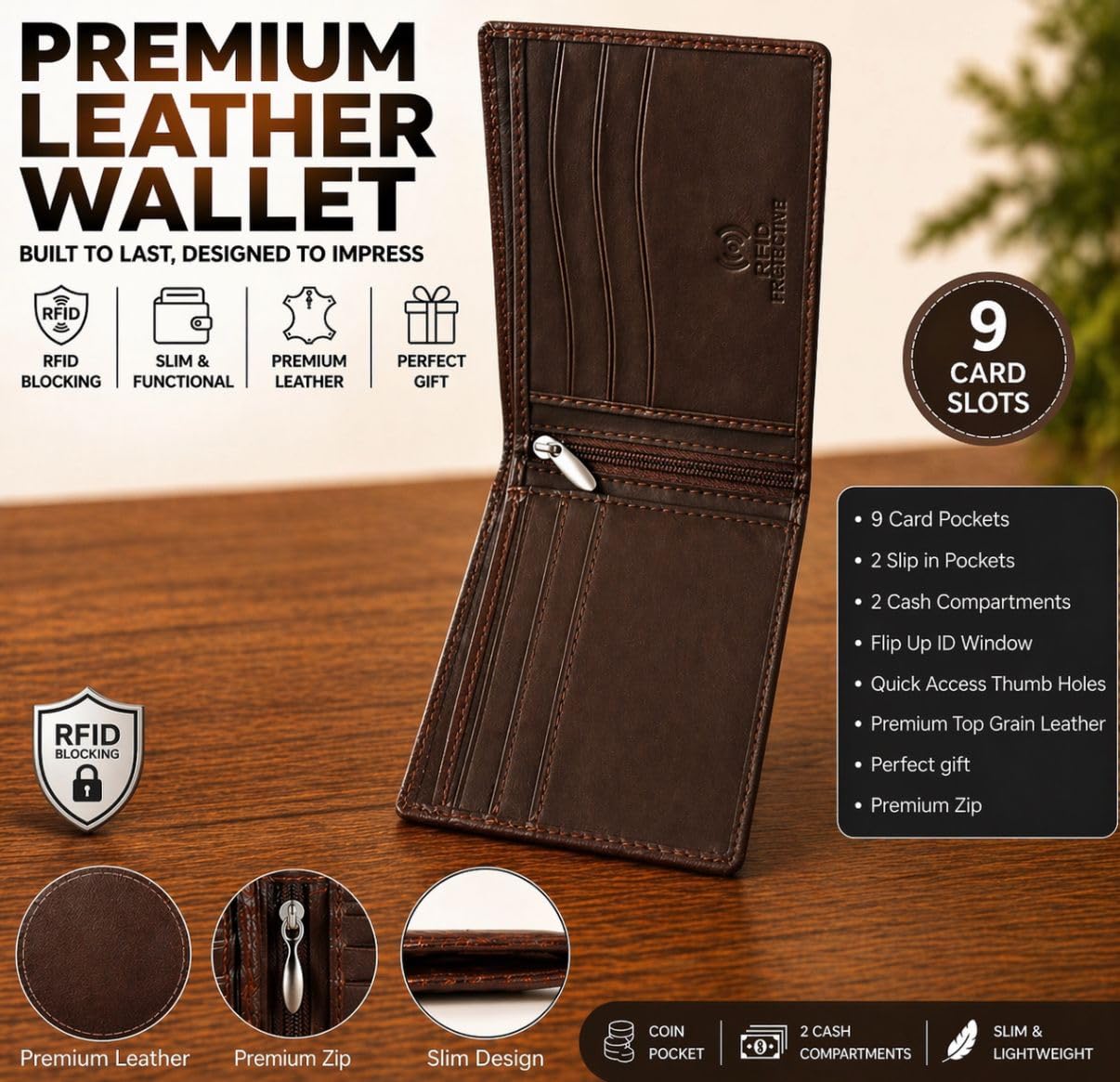 Beaaric Men’s Leather Wallet RFID Blocking Slim Bifold Wallet for Men with 9 Card Slots, 1 ID Window, 2 Hidden Pockets, Zip Coin Pocket & 2 Cash Compartments Stylish Brown Crocodile Pattern