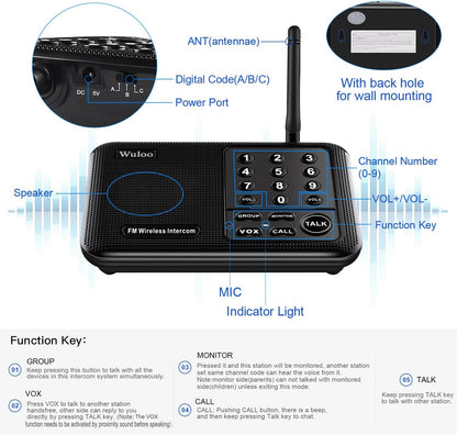 Wuloo Intercoms Wireless for Home 5280 Feet Range 10 Channel 3 Code, Wireless Intercom System for Home House Business Office, Room to Room Intercom, Home Communication System (6 Packs, Black)