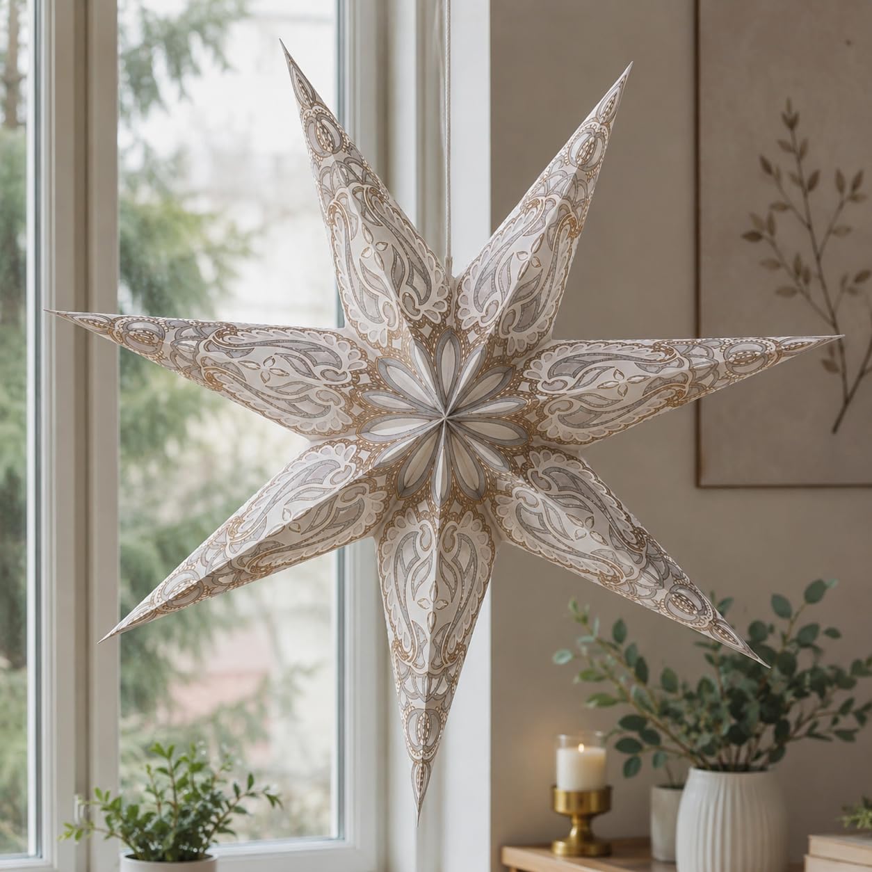 YEPSIO Lantern Lampshade Paper Star Light Shades Large 60cm Hanging Decorations for Christmas Wedding Home Decoration Birthday Party Foldable 7 Pointed Star (Glitter White Golden)