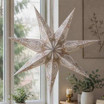 YEPSIO Lantern Lampshade Paper Star Light Shades Large 60cm Hanging Decorations for Christmas Wedding Home Decoration Birthday Party Foldable 7 Pointed Star (Glitter White Golden)
