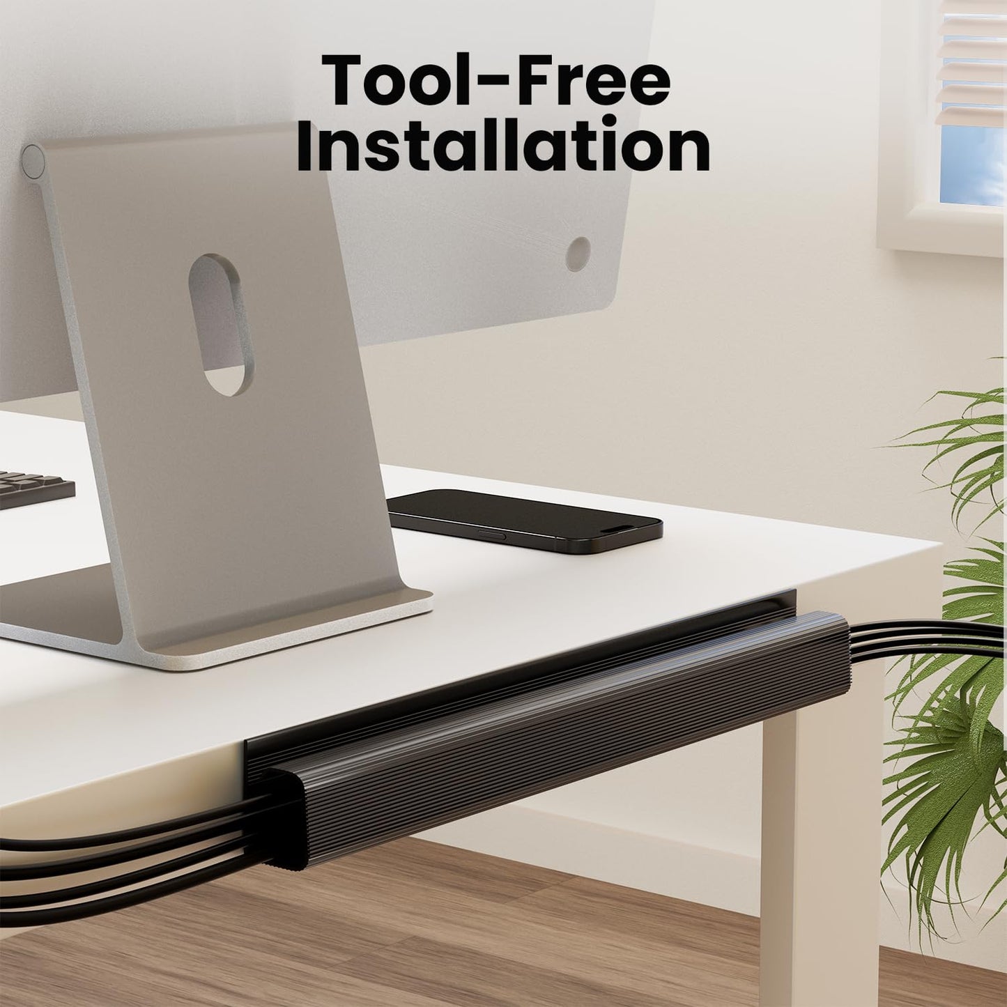 EVEO Cable Management Under Desk Kit (6 Units) - Under Desk Cable Management Cord Hider, Cable Hider Cord Management, Cable Organizer, Cable Raceway | Self-Adhesive 96'' J Channel 6X16 - Black