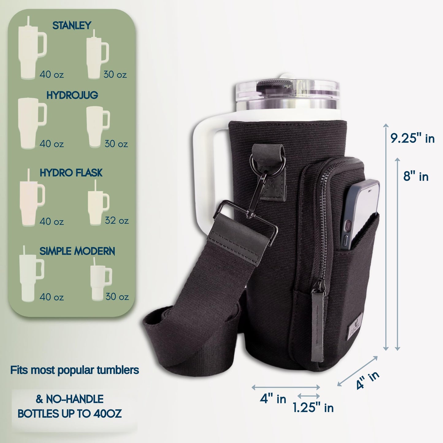 SOLLY AND RUE Water Bottle Sling Bag Crossbody Water Bottle Holder with Strap & Phone Pocket Insulated Carrier for Stanley & Hydro Flask up to 40oz Travel & Walking Companion