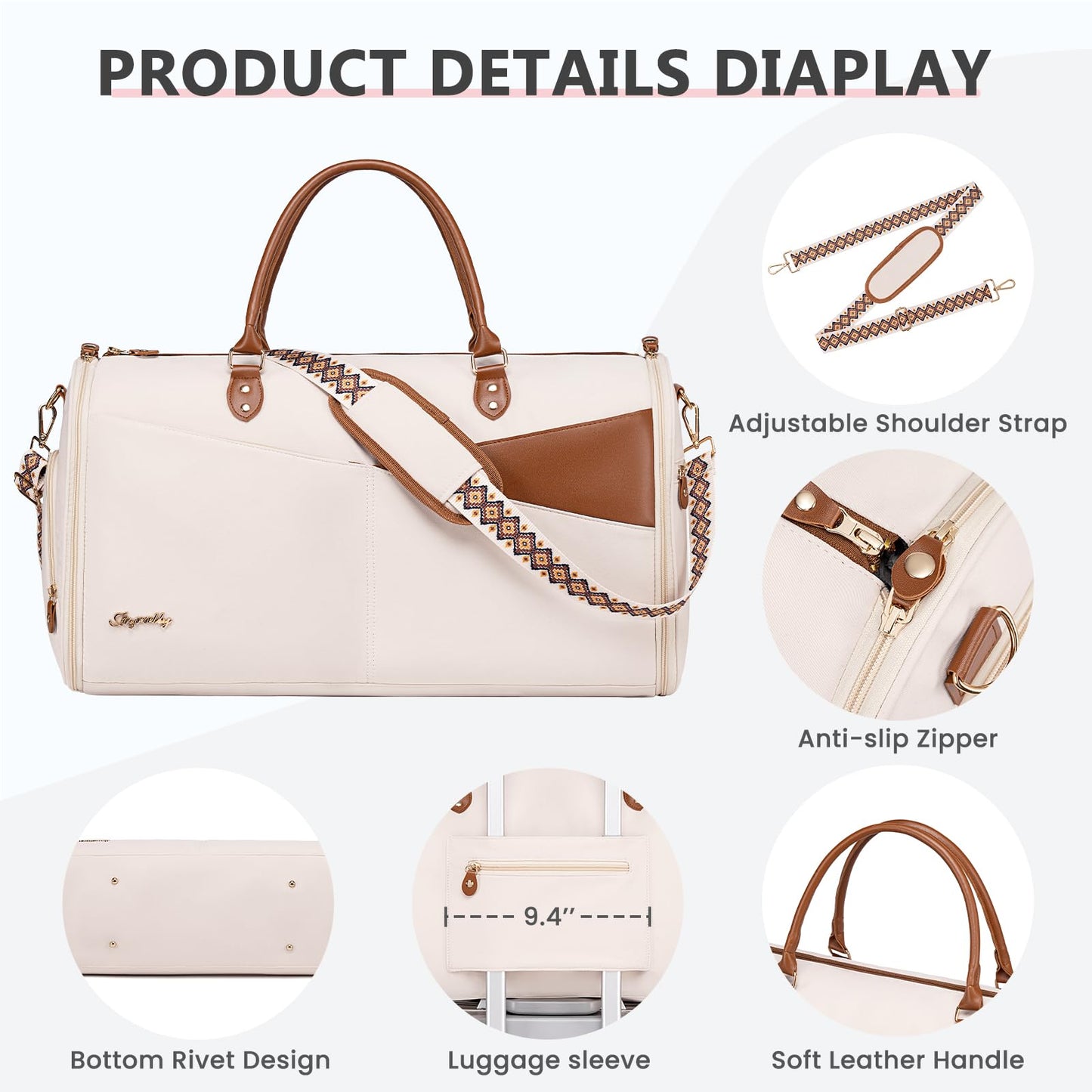 Convertible Garment Duffle Bag for Travel, Carry On Garment Bag for Women, 2 in 1 Travel Garment Bag with Shoe Compartment, Foldable Suit Travel Bag for Hanging Clothes, Beige