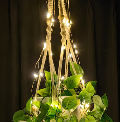 Macrame Plant Hanger with Lights Indoor Hanging Planter Basket with Wood Beads Flower Pot Holder Handwoven Cotton Rope Tassels for Boho Home Window Decor 43.5 Inch, Ivory (POTS NOT Included)
