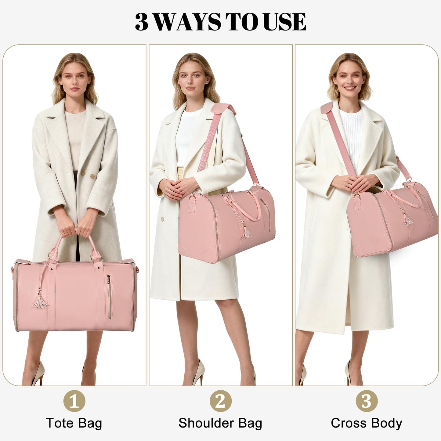 Geestock Convertible Garment Duffle Bags for Travel, Carry On Garment Bag with Shoe Pouch & Shoulder Strap - PU Leather Foldable Travel Duffle Bags 2 in 1 Hanging Dress Suitcase Suit Bag, Pink