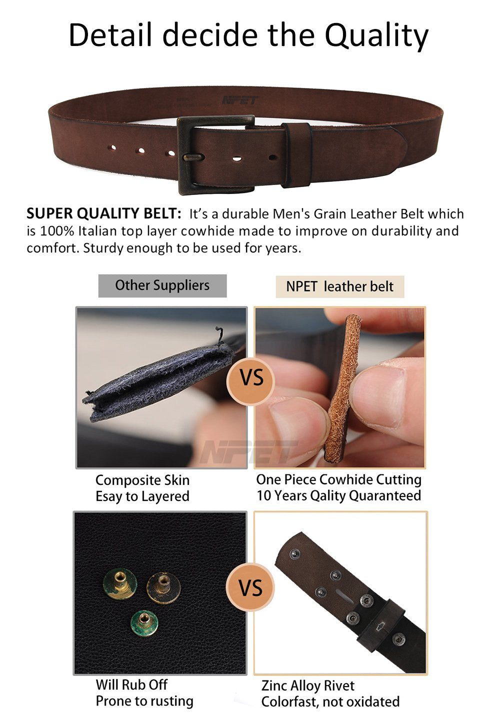 NPET Mens Leather Belt Full Grain Vintage Distressed Style Snap on Strap 1 1/2" Wide Coffee 36"-38"