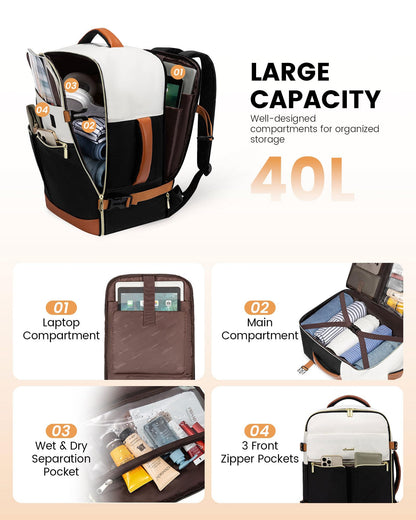 LOVEVOOK Travel Backpack for Women, TSA Carry On Backpack Flight Approved Luggage, 40L Water Resistant Personal Item Daypack Large Weekender Bag fit 17 inch Laptop with 3 Cubes, Beige-black-brown