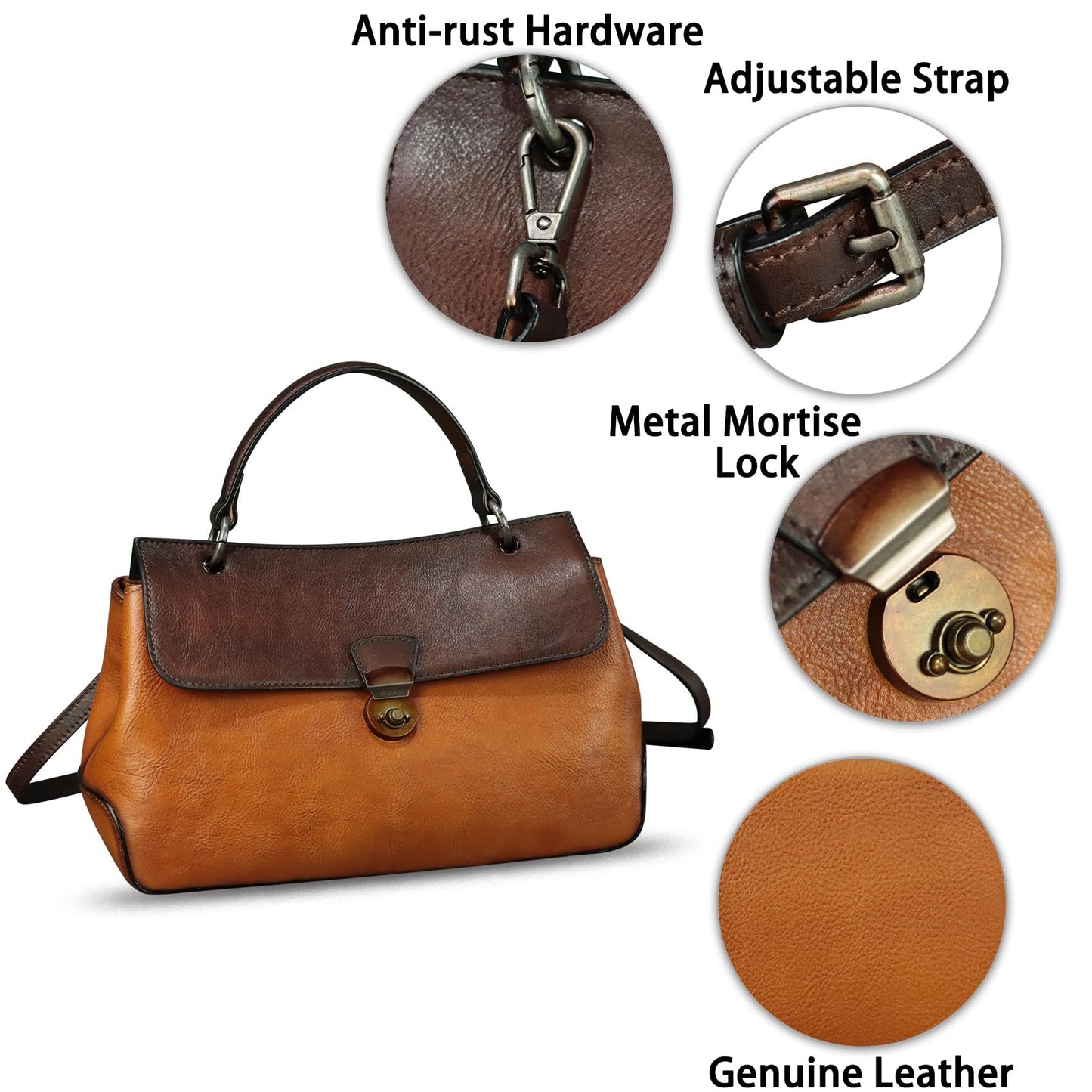 Genuine Leather Handbag Satchel for Women Retro Leather Crossbody Bag Pouch Vintage Ladies Handbag Purse (Brown-CF)