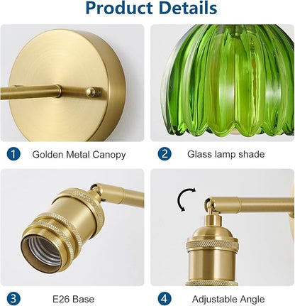 Vintage Wall Sconce 2 Pack, Green Glass Shade Gold Wall Lamp with 12 Inch Cable Switch, Modern Bathroom Wall Sconces Set of Two for Bedroom Corner Hallway