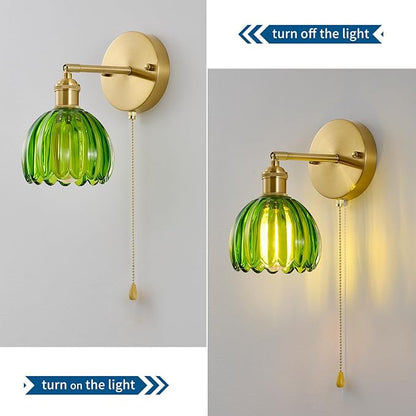 Vintage Wall Sconce 1 Pack, Green Glass Shade Gold Wall Lamp with 12 Inch Cable Switch, Modern Bathroom Wall Sconces for Bedroom Corner Hallway