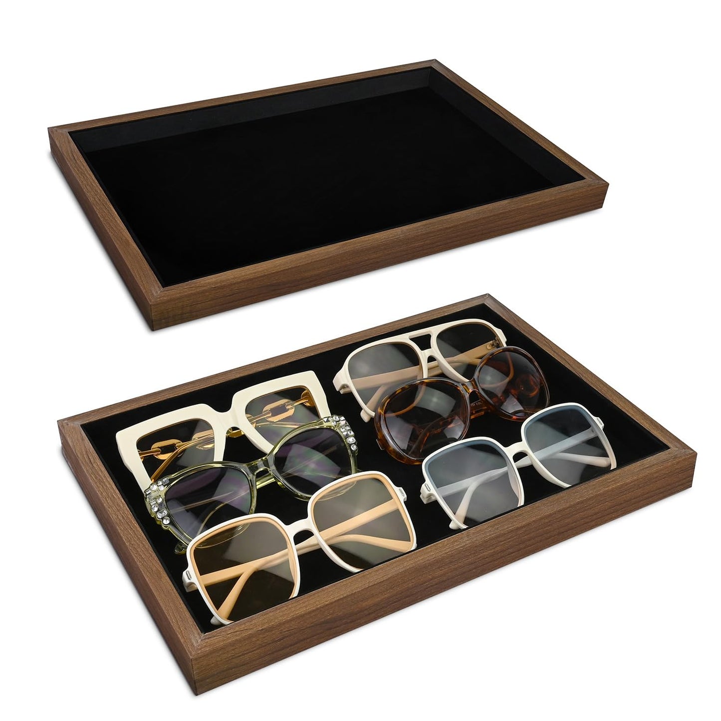 MOOCA 2 Pcs Wooden Jewelry Display Tray, Presentation Tray, Organizer for Rings, Necklaces, Earrings, and Accessories, Walnut Color with Black Suede, 14" W x 9.6" D x 1.2" H