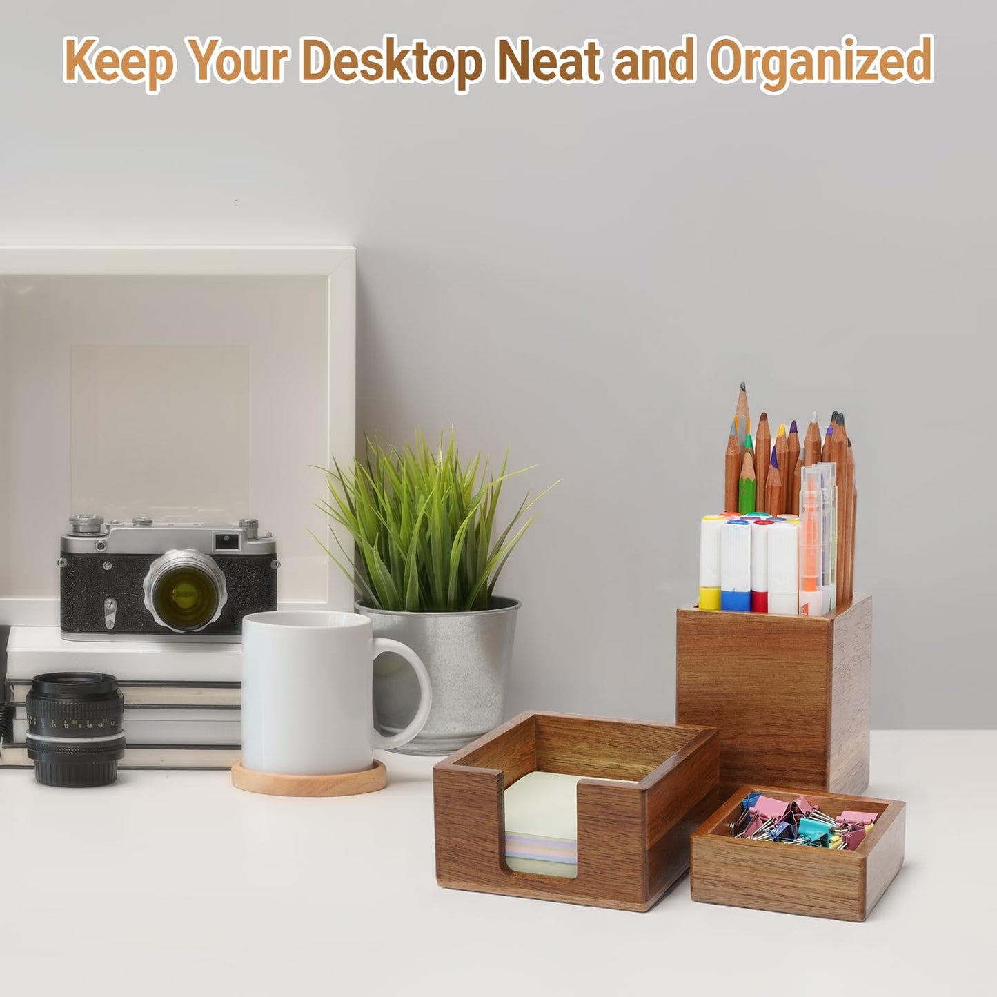 RAWILL 3 PCS Black Wooden Desk Organizer Set Pine Wood Office Desk Accessories with Pen Holder, Paperclip Storage and Sticky Note Holder, Wood Grain Clear, Ideal Gift for Office and Family