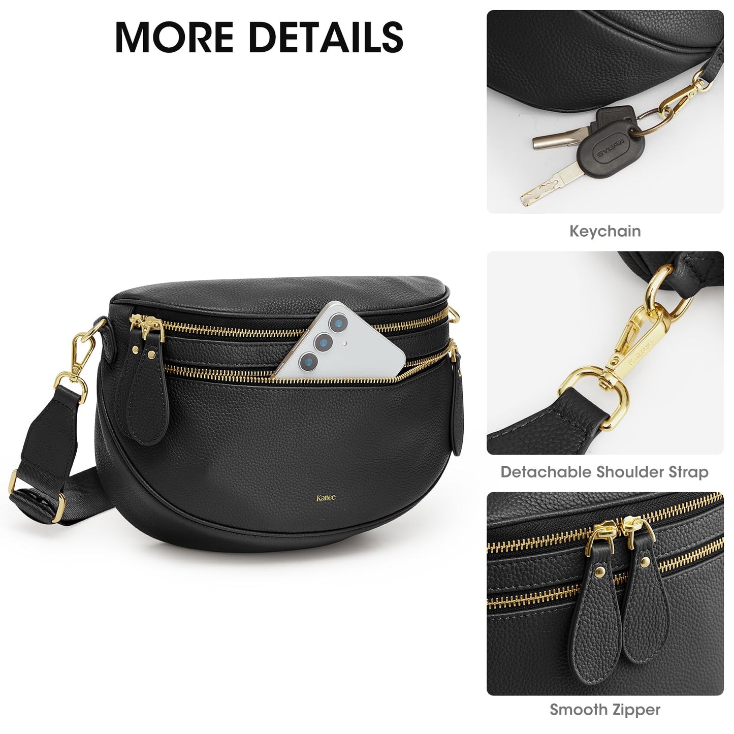 Kattee Crossbody Bag Bum Bags for Women, Leather Fanny Packs Belt Bag, Spacious Sling Purses for Women with RFID Blocking, Black